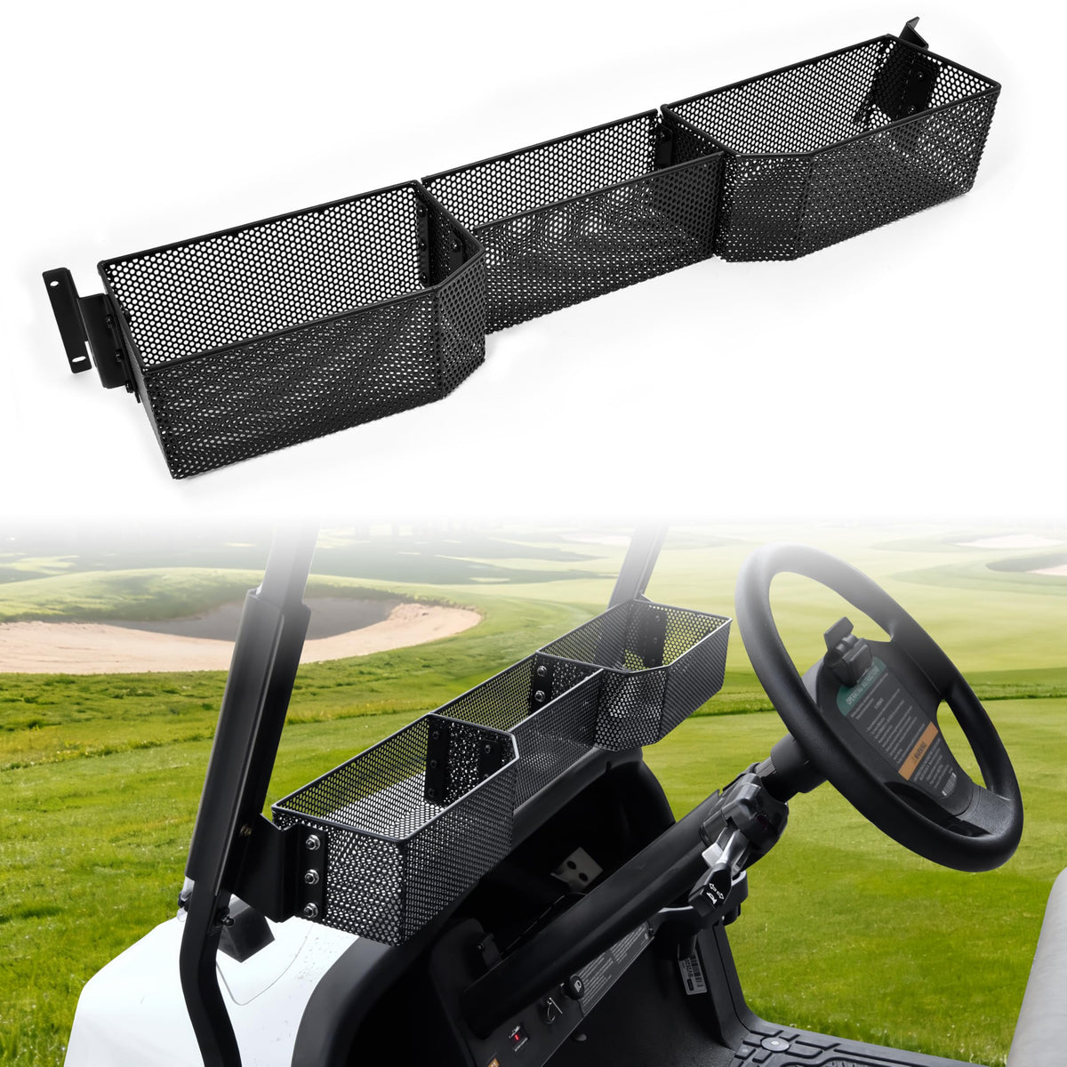 Pokiauto inner front storage basket on Club Car Tempo keeps keys and bottles organized.