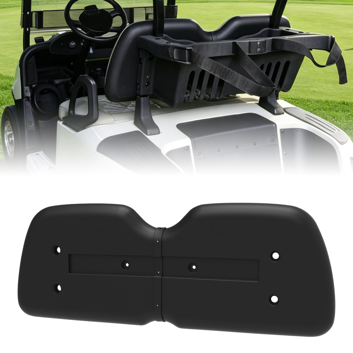 POKIAUTO seat back cap front view; sleek black finish protecting EZGO RXV backrest