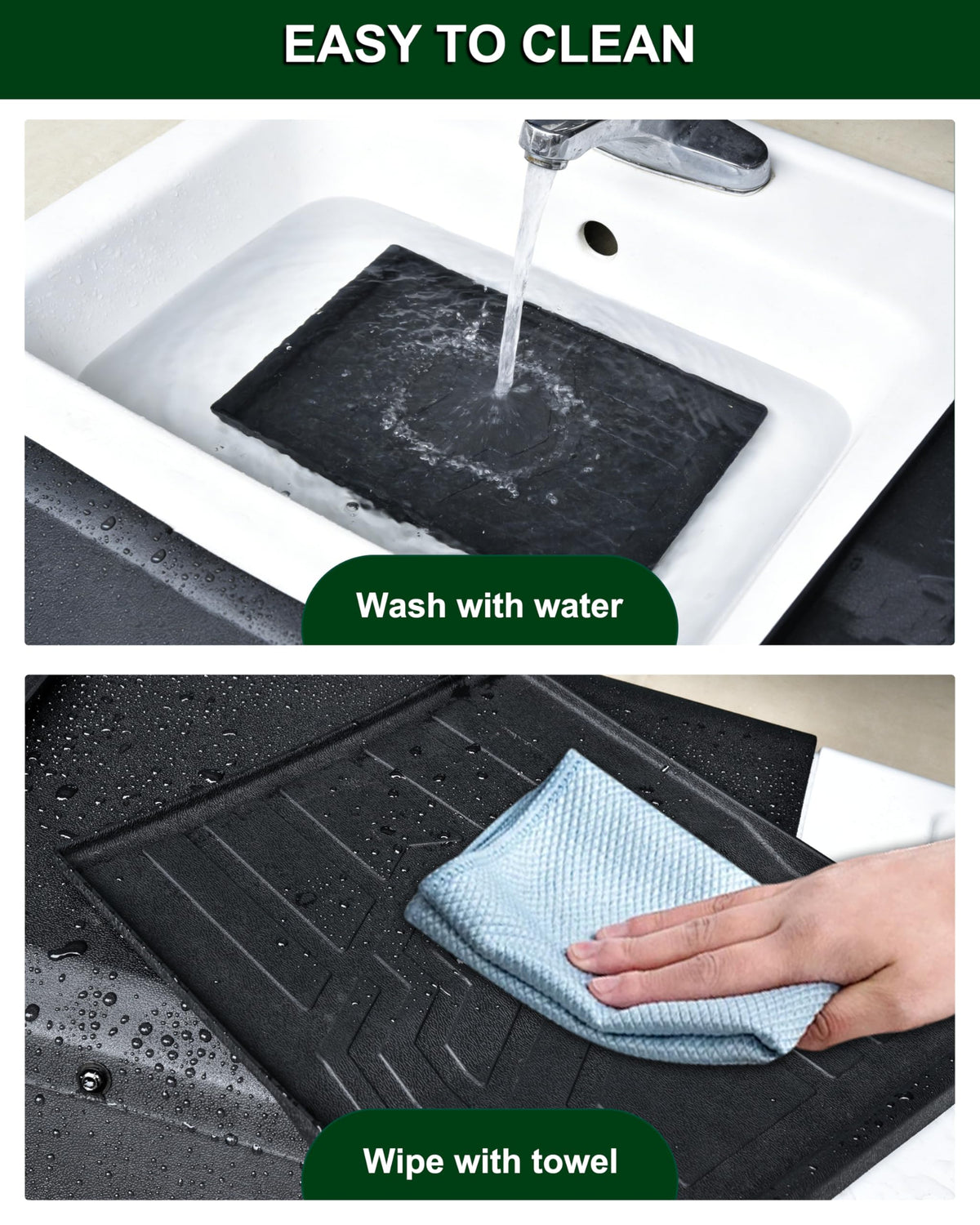 POKIAUTO waterproof dash mat being wiped clean
