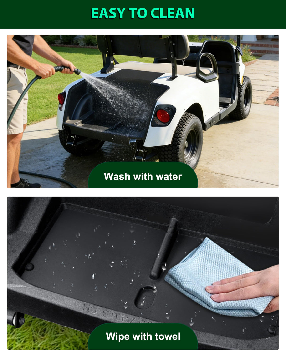 POKIAUTO easy-clean rear mat that cleans with water or damp cloth.