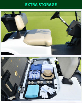 Removable POKIAUTO tray under the seat for cleaning or battery access.