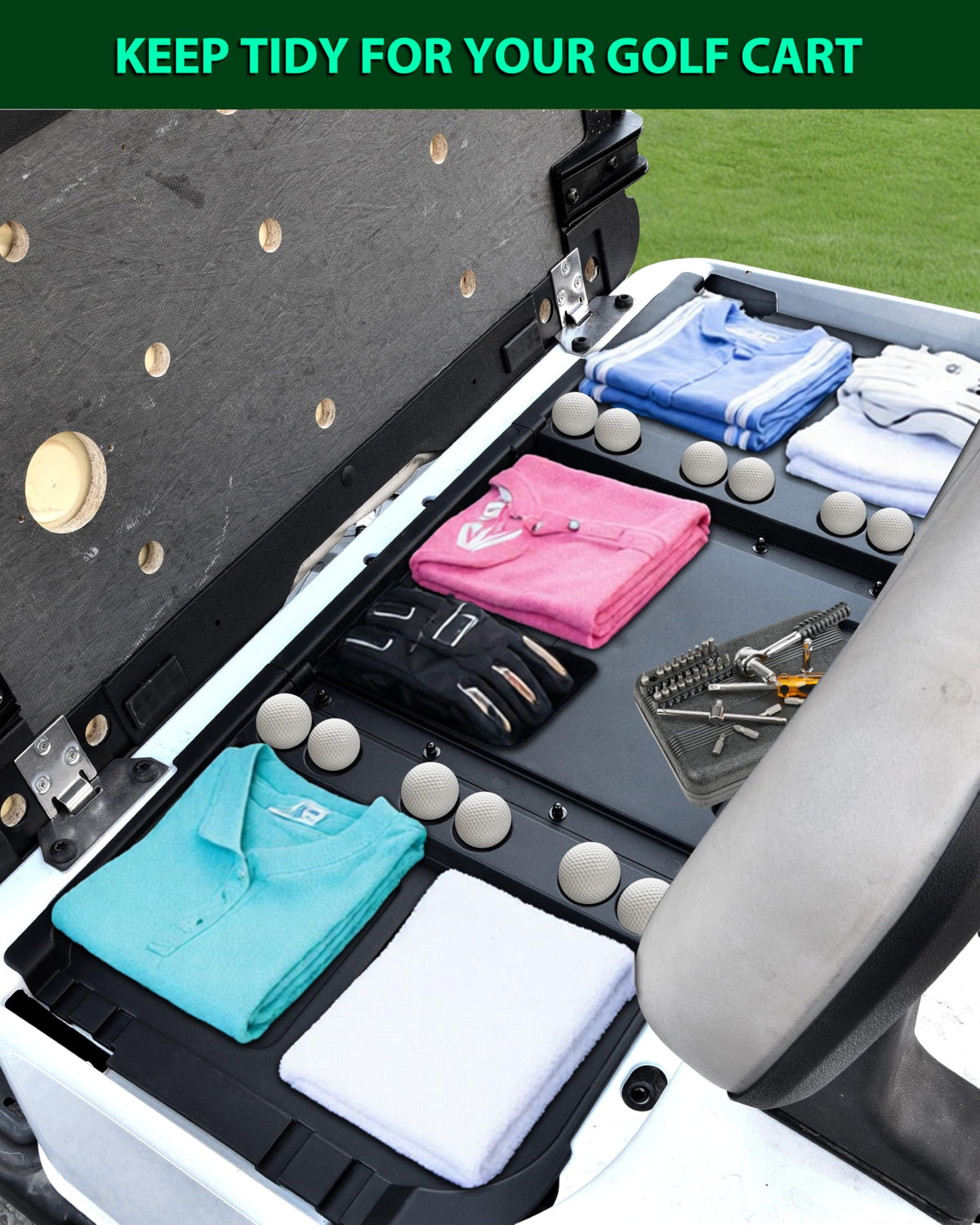 Durable POKIAUTO under-seat tray for EZGO RXV Valor with deformation resistance.