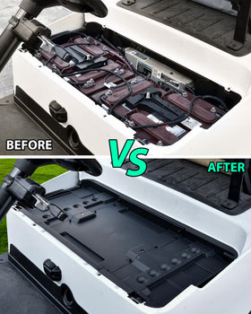 POKIAUTO underseat storage tray closeup highlighting durable high-strength plastic construction.