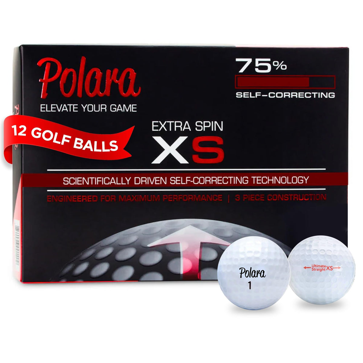 Polara golf balls 12-pack anti-slice closeup showing straight flight