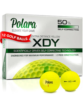 Polara self-correcting yellow golf balls tracking clearly in flight for improved accuracy.