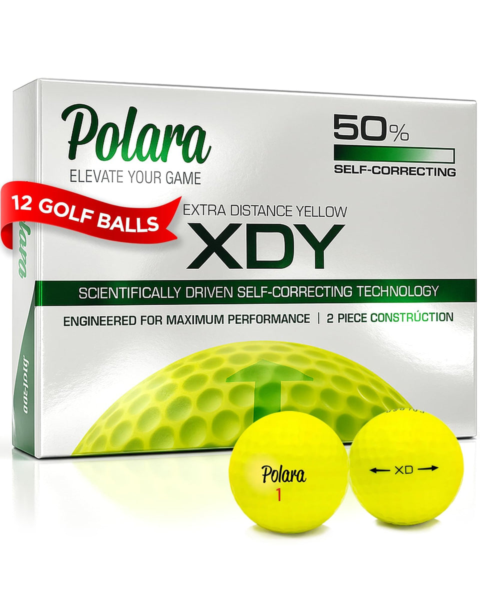 Polara self-correcting yellow golf balls tracking clearly in flight for improved accuracy.