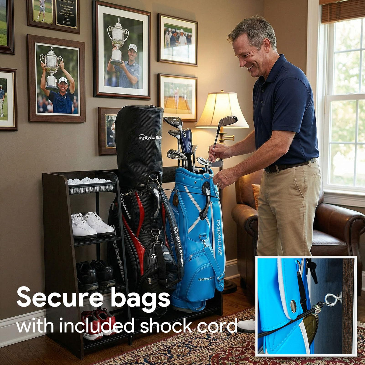 Ponsonbay golf bag storage includes a ball net to keep accessories organized