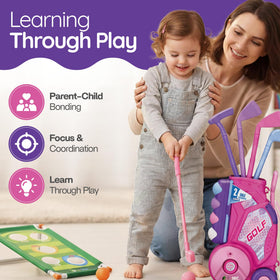 Pooravi Toddler Golf Set cornhole board adds fun challenges.