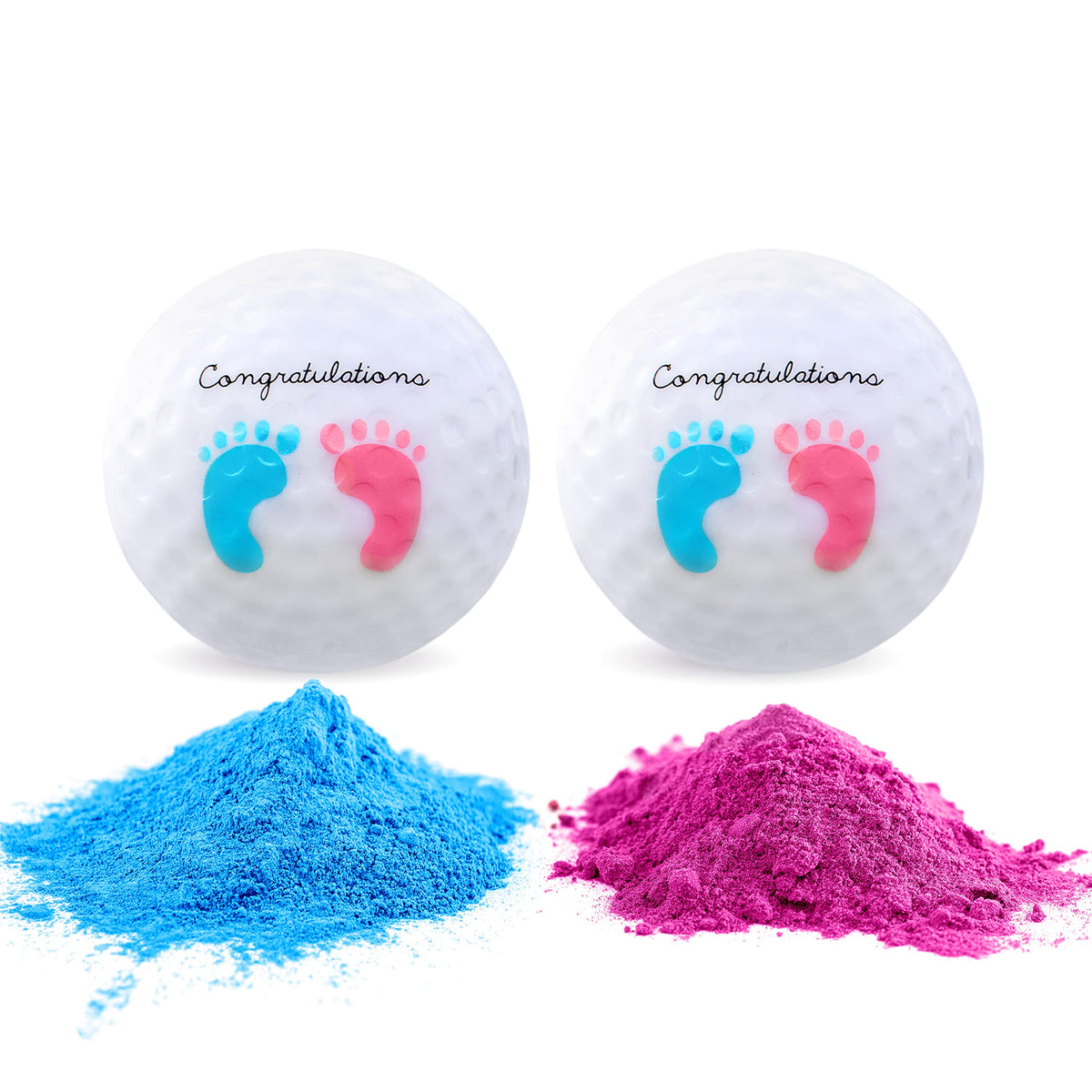Port City Creations pink and blue exploding golf balls for gender reveal celebrations.