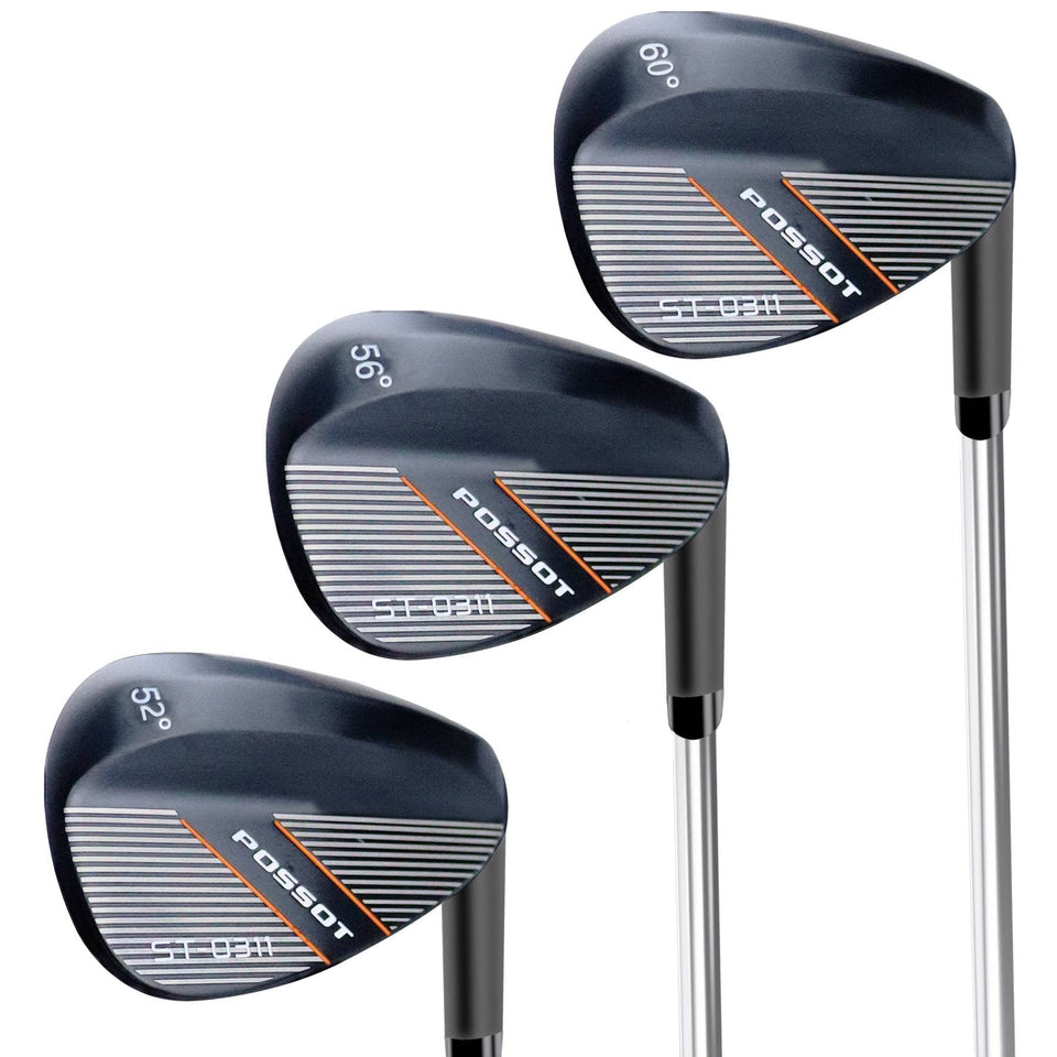 POSSOT 3-piece wedge set with 52°, 56°, 60° lofts for versatile greenside control.