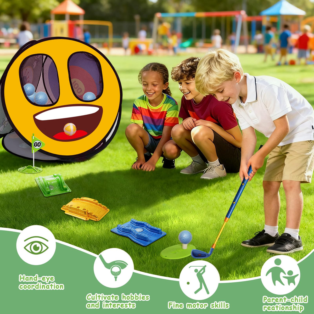 POWCAVA Kids Golf Set replaceable head enables customized practice sessions at home.