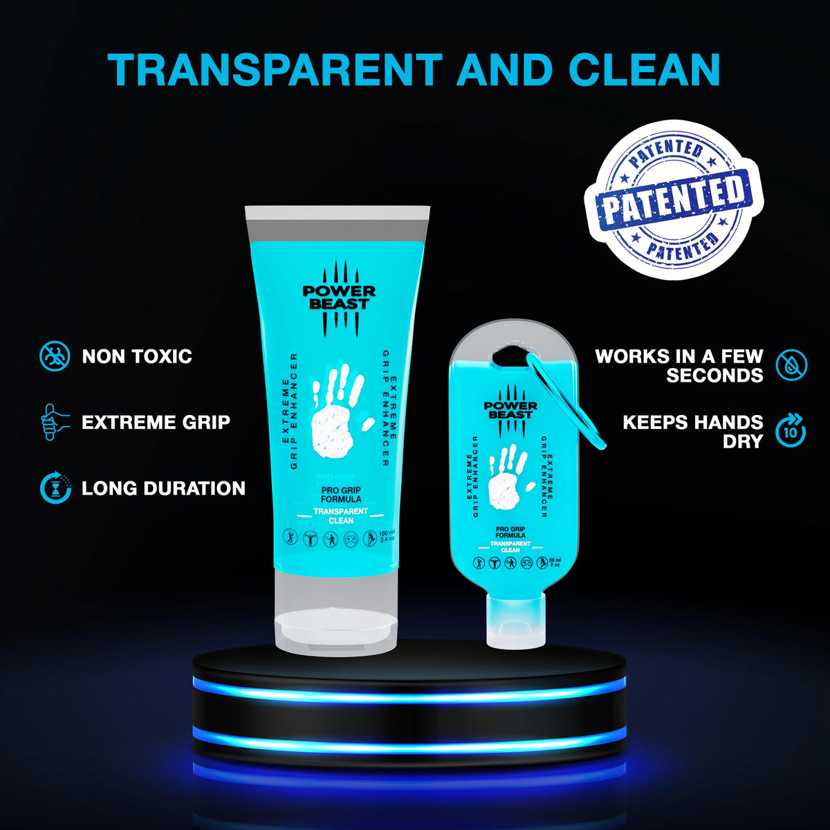 Power Beast transparent formula hand application highlights residue-free grip for intense workouts.
