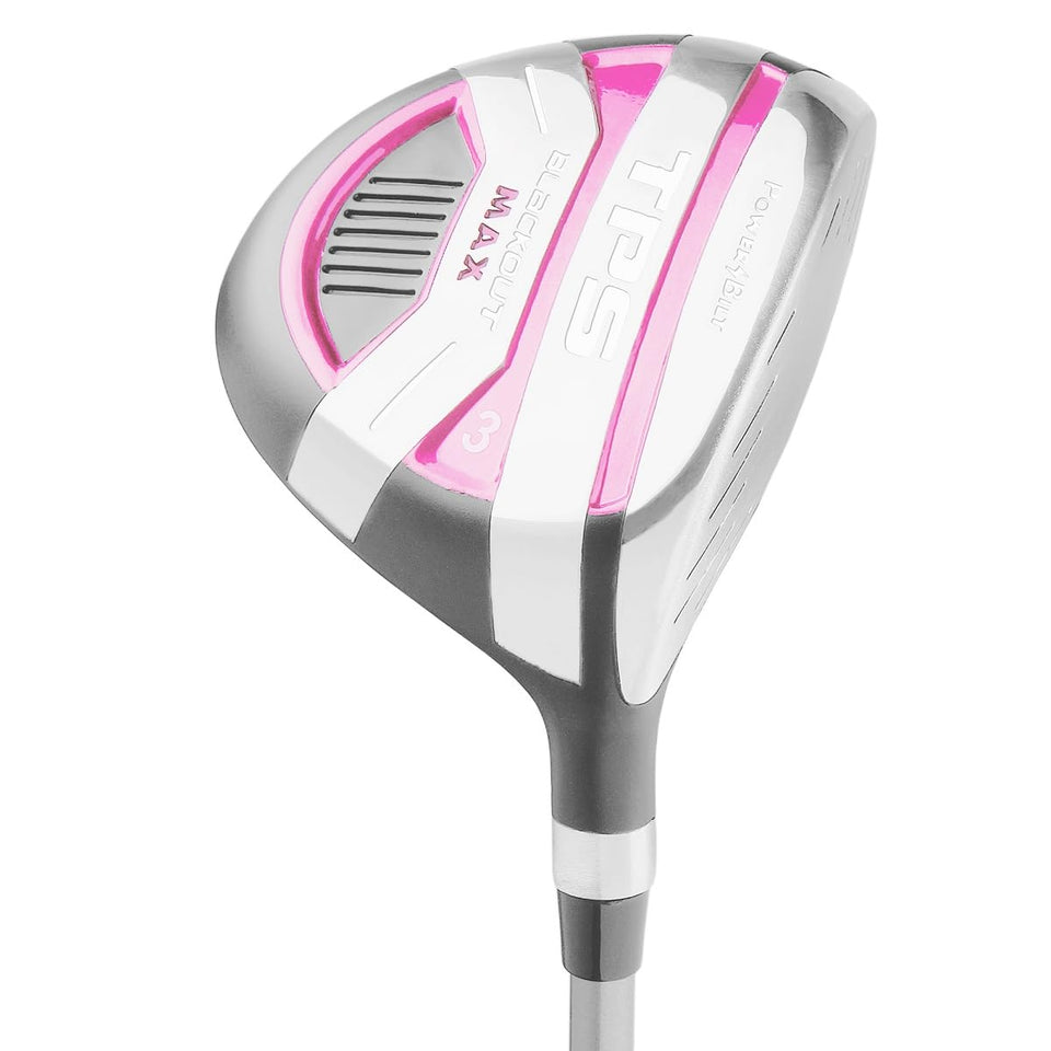 Powerbilt TPS Blackout Max 5-wood front view in white/pink for improved distance