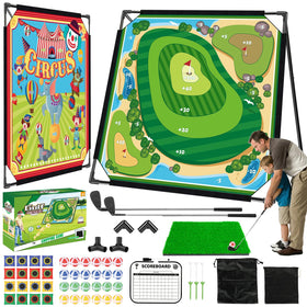 Powerful Xishan golf chipping game mat setup for family indoor play.