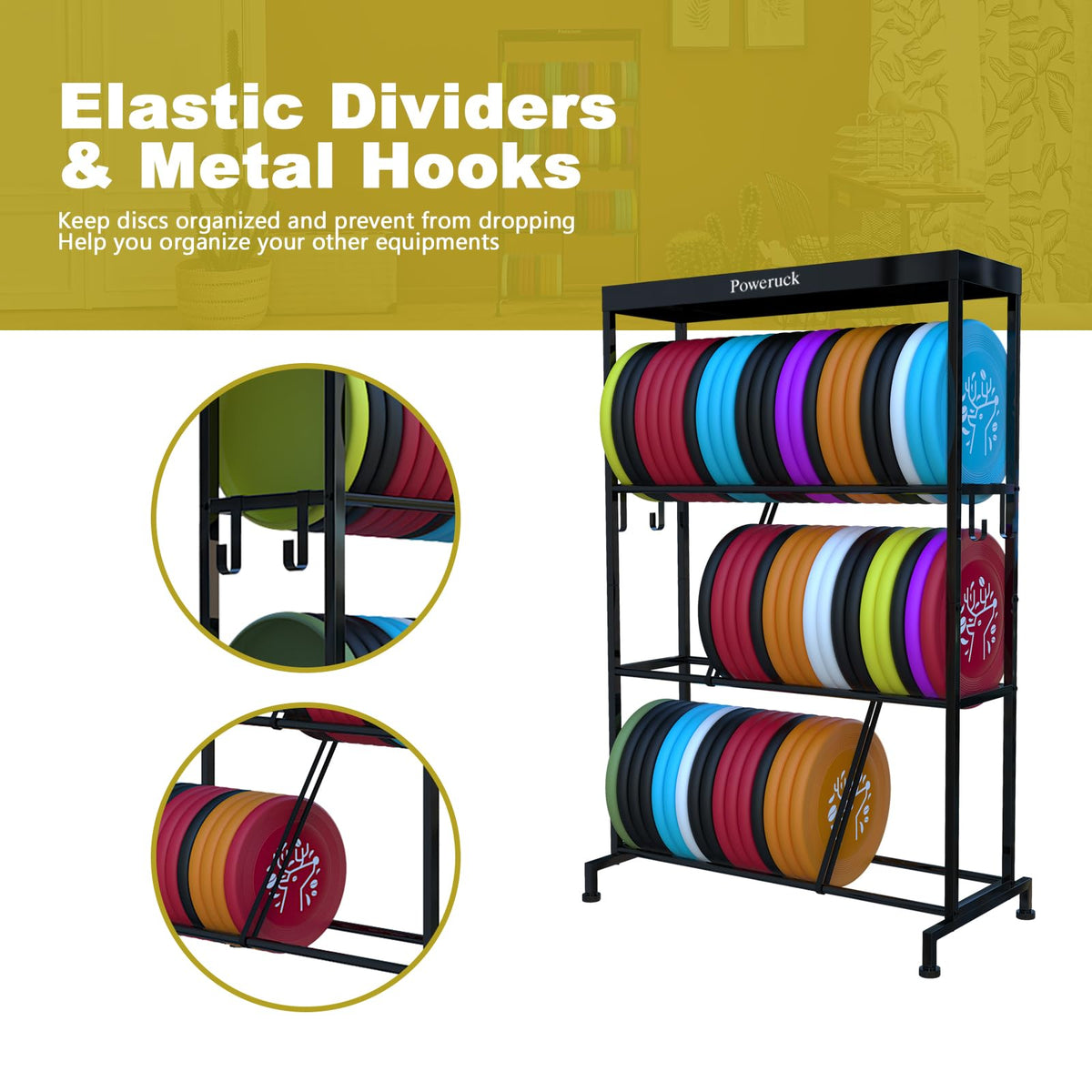Poweruck 3-tier shelf organizes putters, mid-ranges, and drivers.