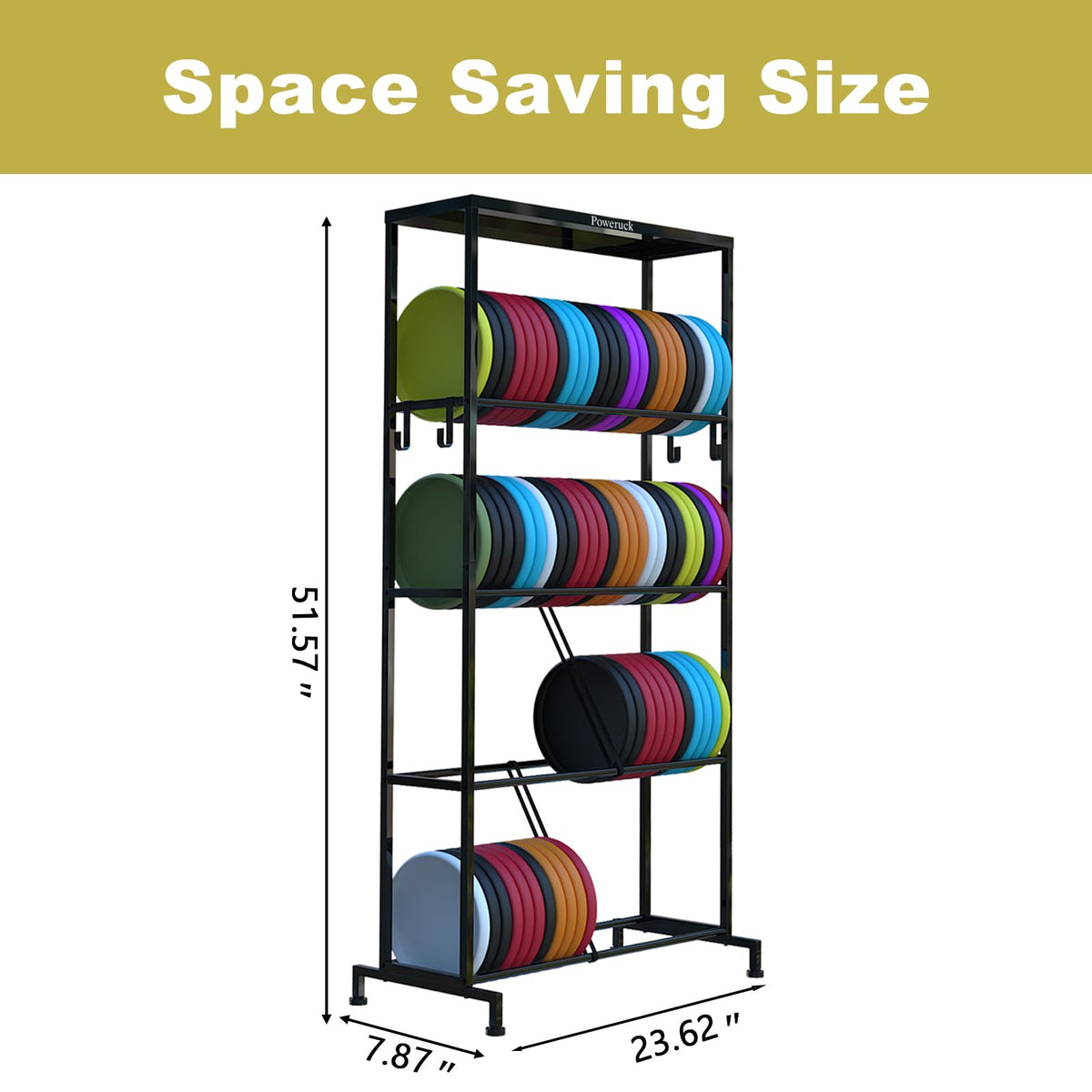 Poweruck 4-tier shelves organize discs neatly for convenient selection during rounds.