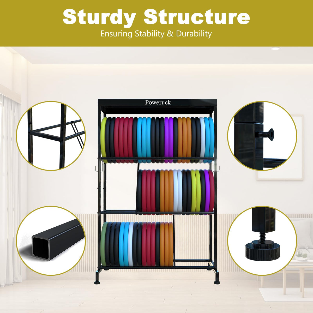 Poweruck elastic straps secure discs and prevent slipping.