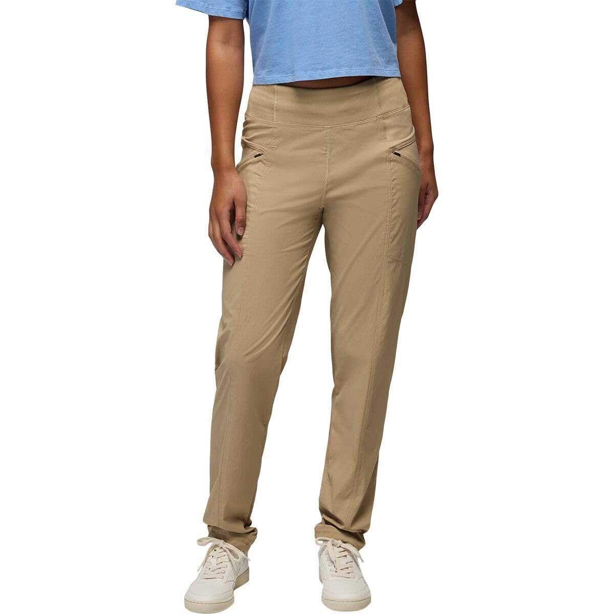 PrAna Koen Daily Pants Sandbar front view with adjustable drawcord for personalized comfort.