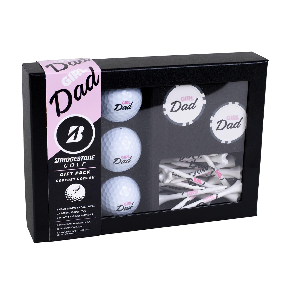 PrideSports Bridgestone e6 golf balls with Girl Dad logo for longer distance and softer feel.