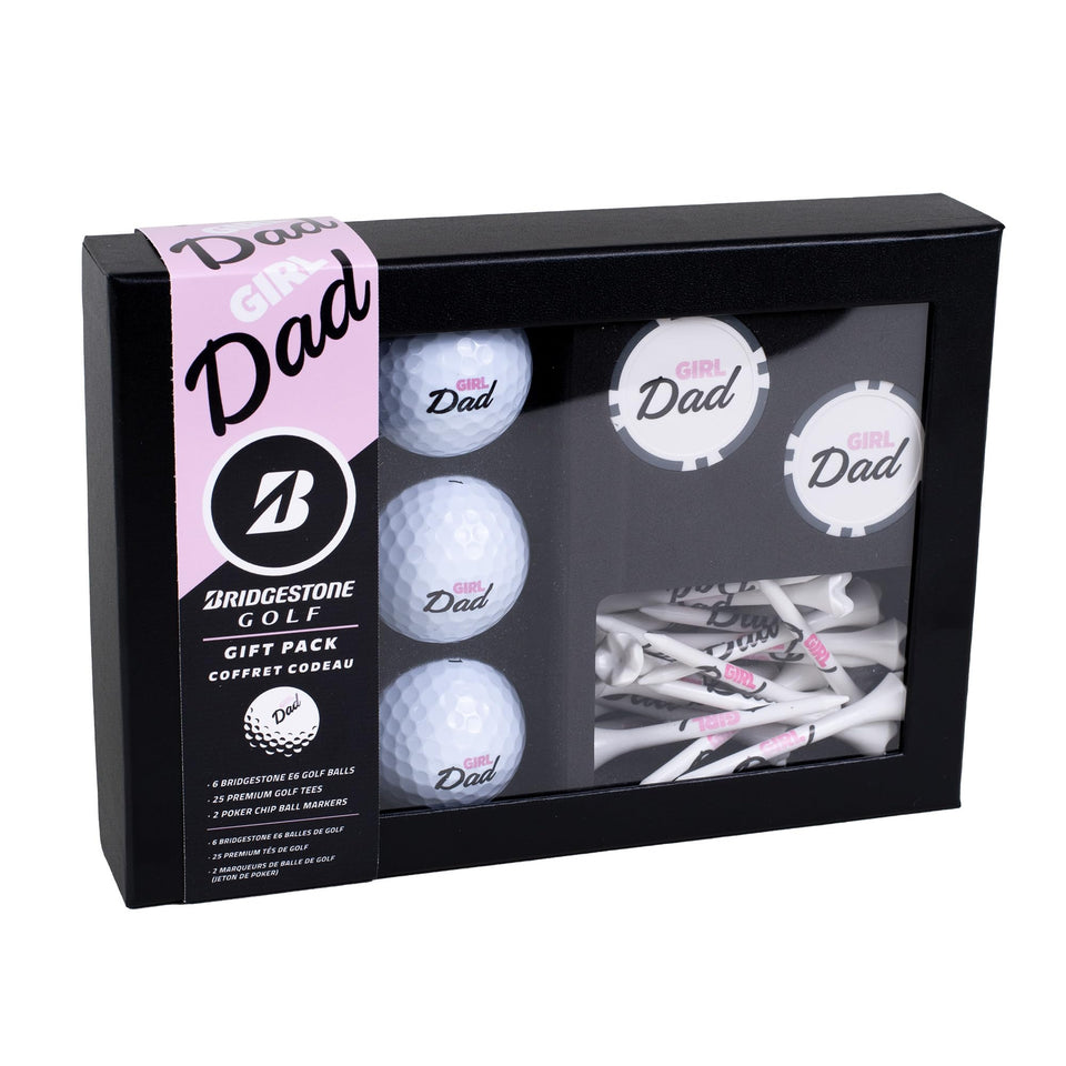 PrideSports Bridgestone e6 golf balls with Girl Dad logo for longer distance and softer feel.