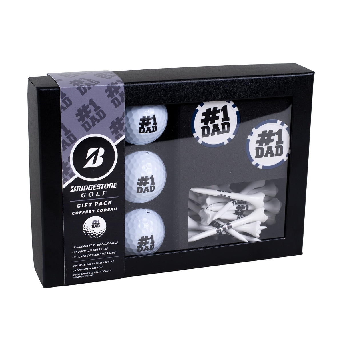 PrideSports Bridgestone e6 golf balls with #1 Dad logo for longer distance and softer feel.