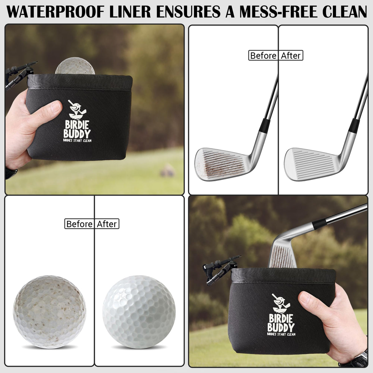 Birdie Buddy clip-on design fits most golf bags securely.