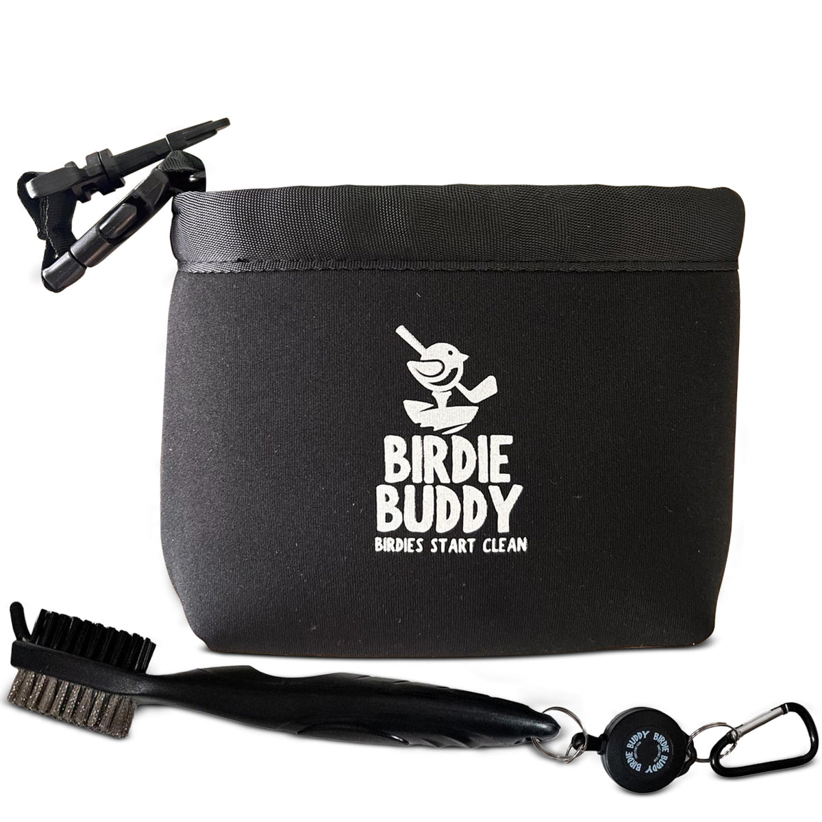 Prime Collectibles Birdie Buddy washer bag clipped to golf bag for quick on-the-go cleaning.