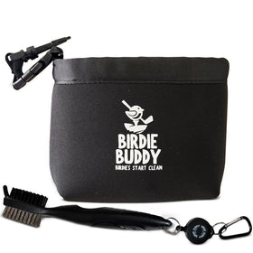 Prime Collectibles Birdie Buddy washer bag clipped to golf bag for quick on-the-go cleaning.