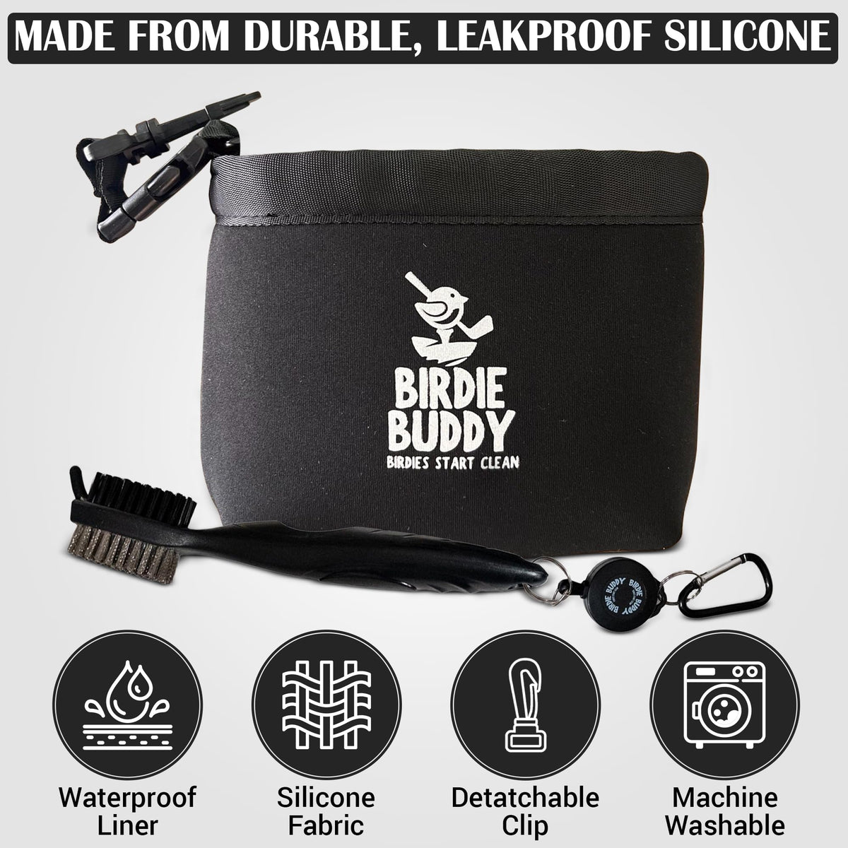 Birdie Buddy washer bag holds water for rinsing grooves on the course.