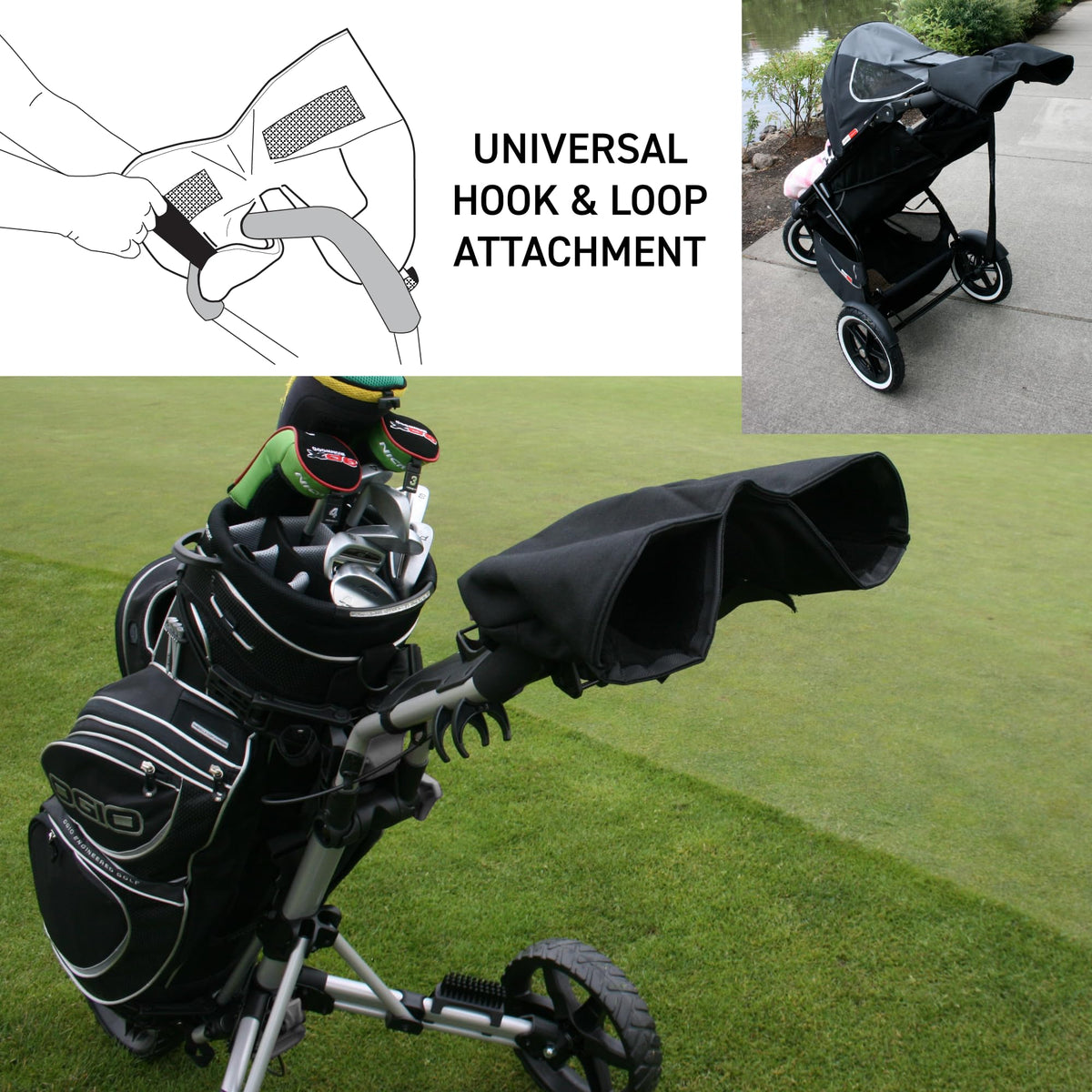 ProActive Sports Golf Ultimittens universal-clip secures to any push cart for quick use.