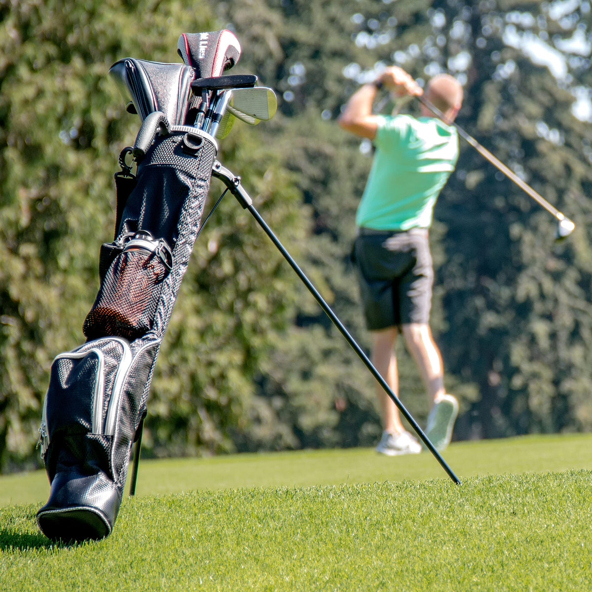 Black Sunday Stand Bag by ProActive Sports on a golf cart