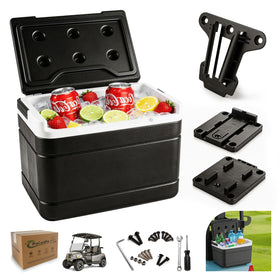 ProCartFit golf cart cooler mounted on Yamaha for secure cooling during rounds.