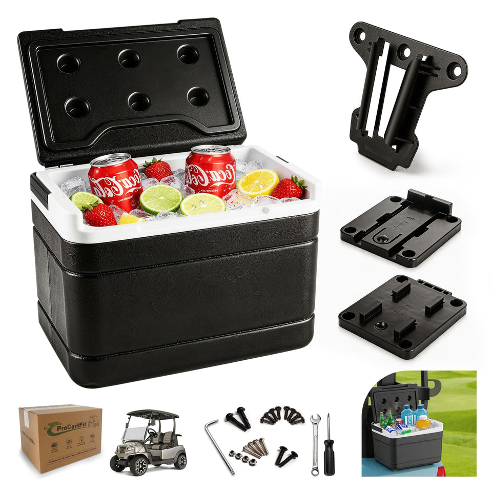 ProCartFit golf cart cooler mounted on Yamaha for secure cooling during rounds.