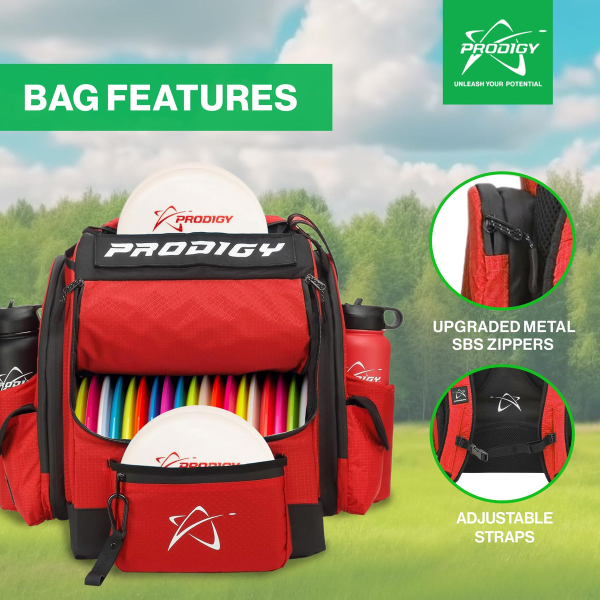 Prodigy BP-1 V3 side pocket stocked for a water bottle during rounds