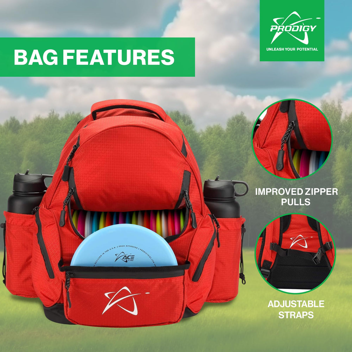 Prodigy BP-3 main pocket open highlighting space for 17+ discs.