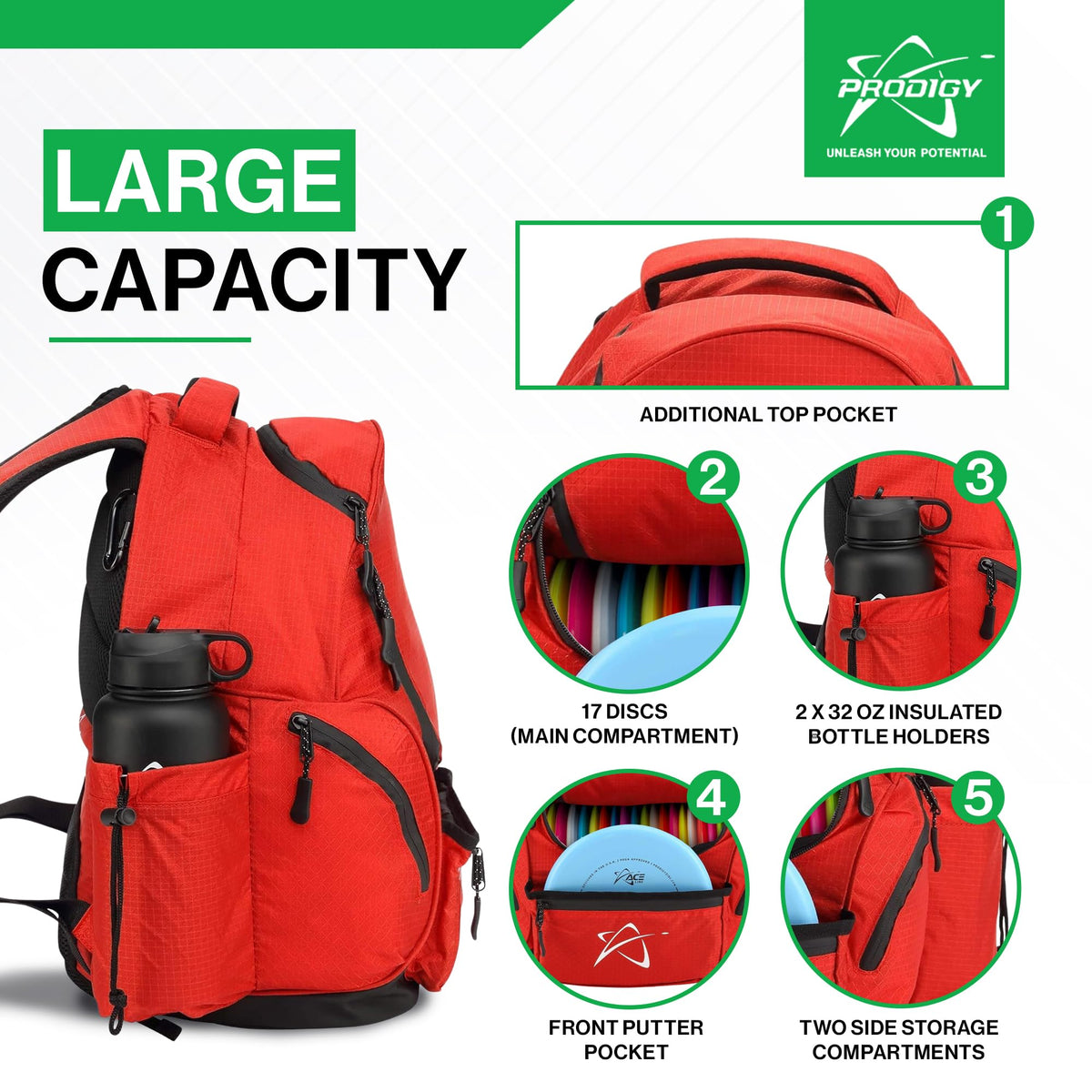 Prodigy BP-3 side pockets ideal for water bottles and towels.