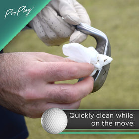 ProPlay ball-club cleaning wipes in use on a dirty golf ball during play