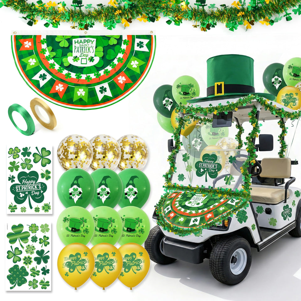 PTCRUT giant leprechaun hat on golf cart adds bold parade flair.