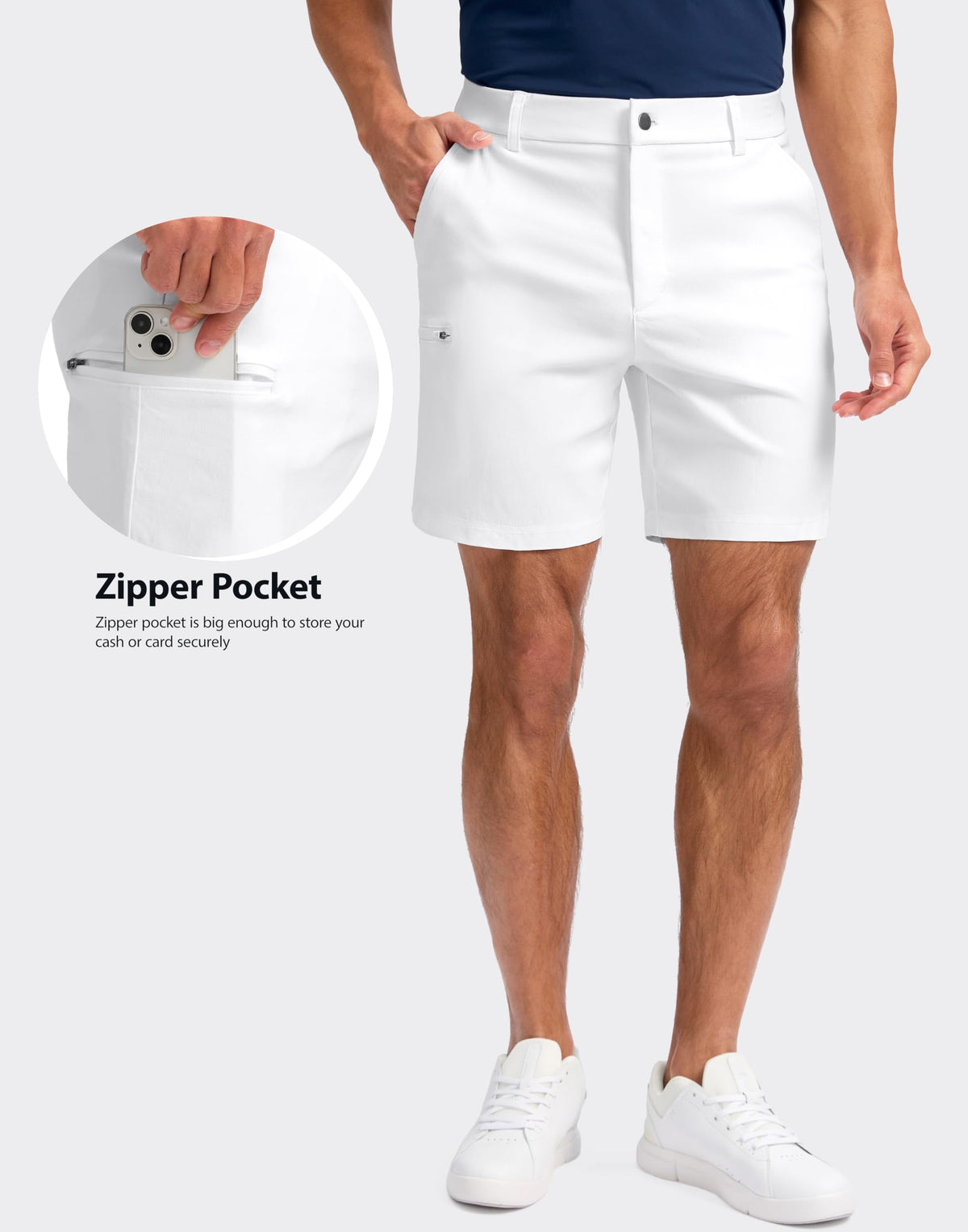 Pudolla shorts waistband detail conveys comfortable closure and smooth zipper fly