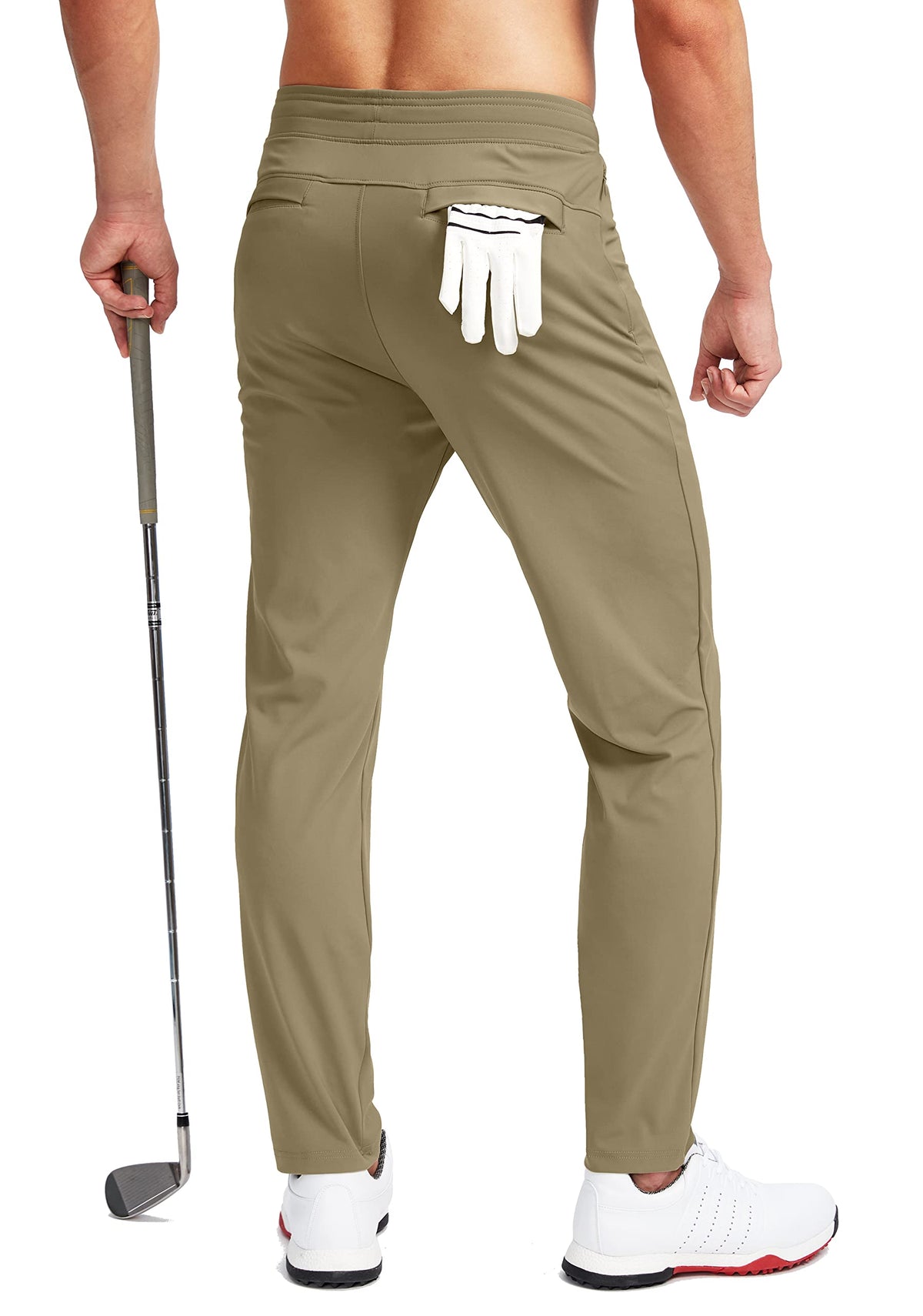 Pudolla men's golf pants elastic waistband with hidden drawstring detail.