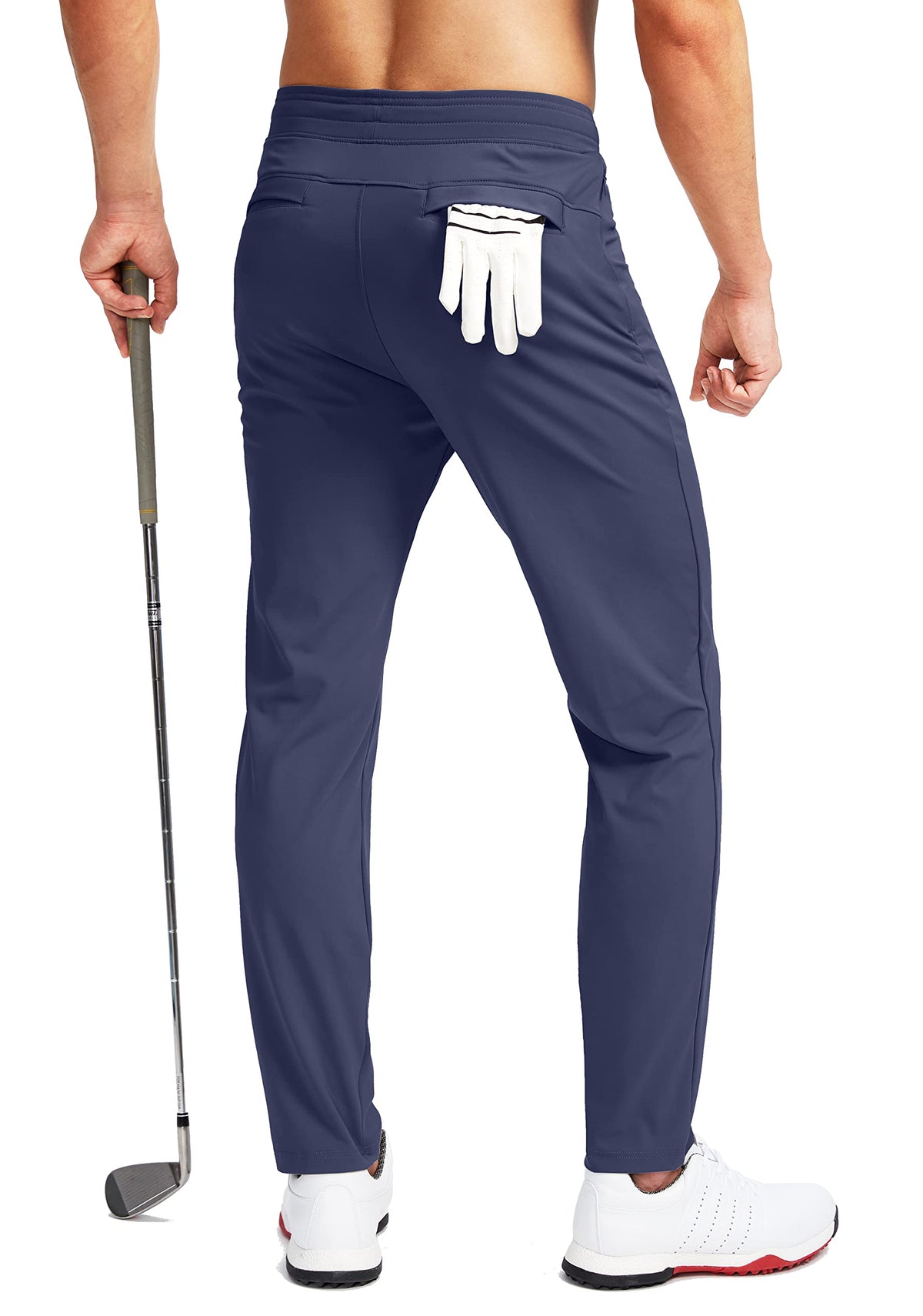 Pudolla men's golf pants show elastic drawstring waist for adjustable comfort.
