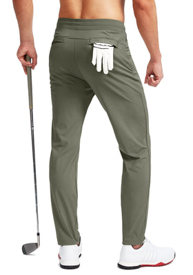Pudolla stretch golf pants with elastic waistband for adjustable fit.