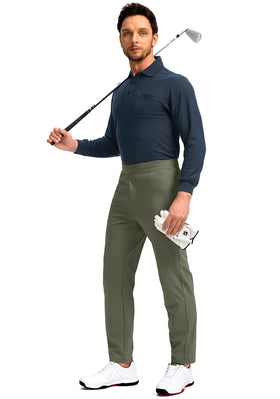 Pudolla golf pants on model highlighting quick-stash pockets.