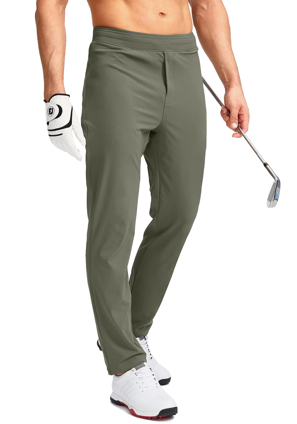 Pudolla men's golf pants stretch fabric for unrestricted movement.