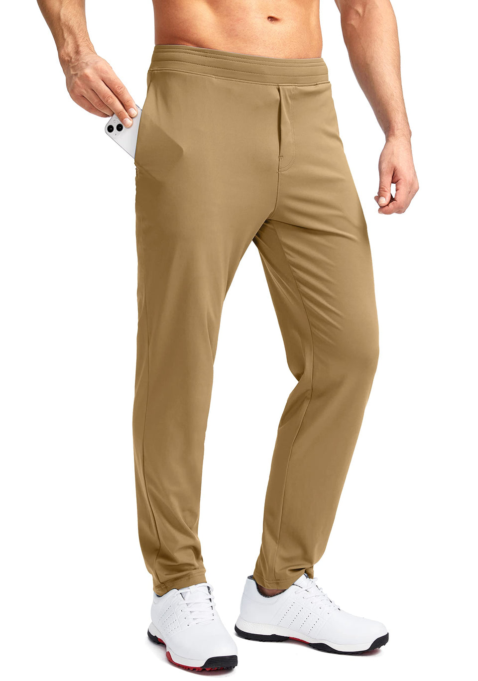 Pudolla men's golf pants front view showcases four-way stretch for easy motion.