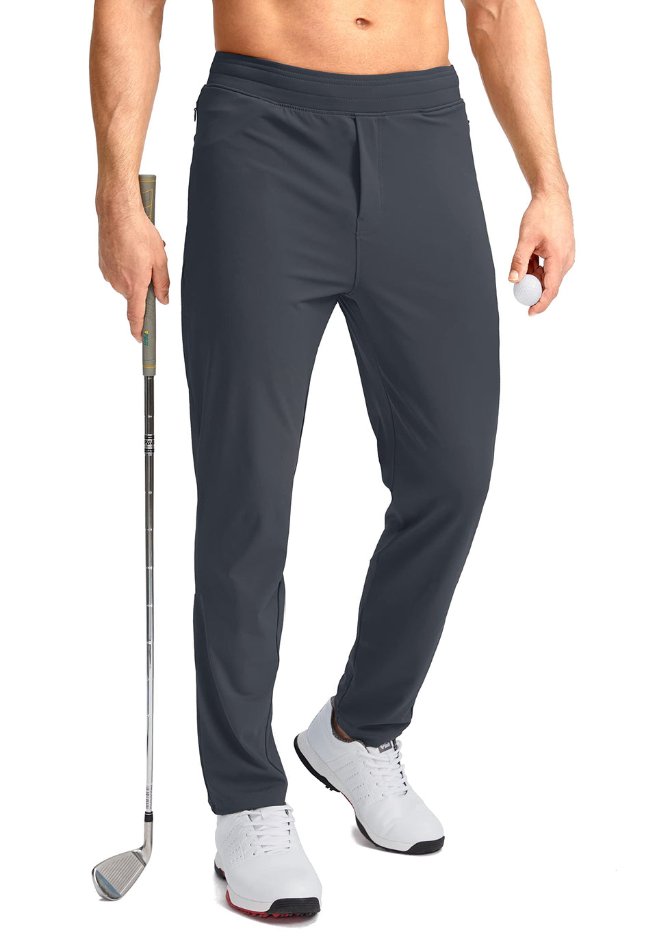 Pudolla men's golf pants front view showing four-way stretch for full motion range