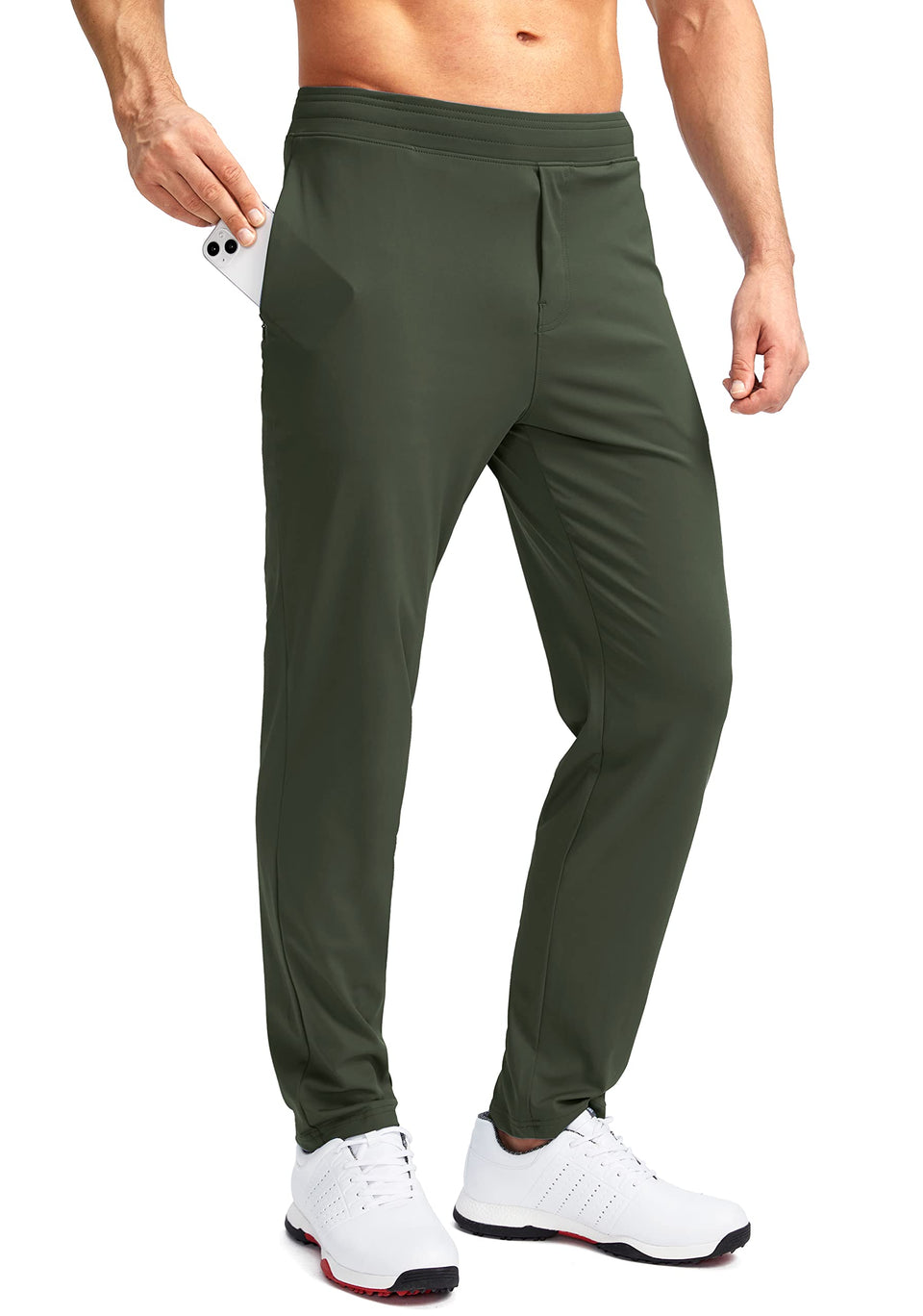 Pudolla men's golf pants stretch olive green front view for full movement during play