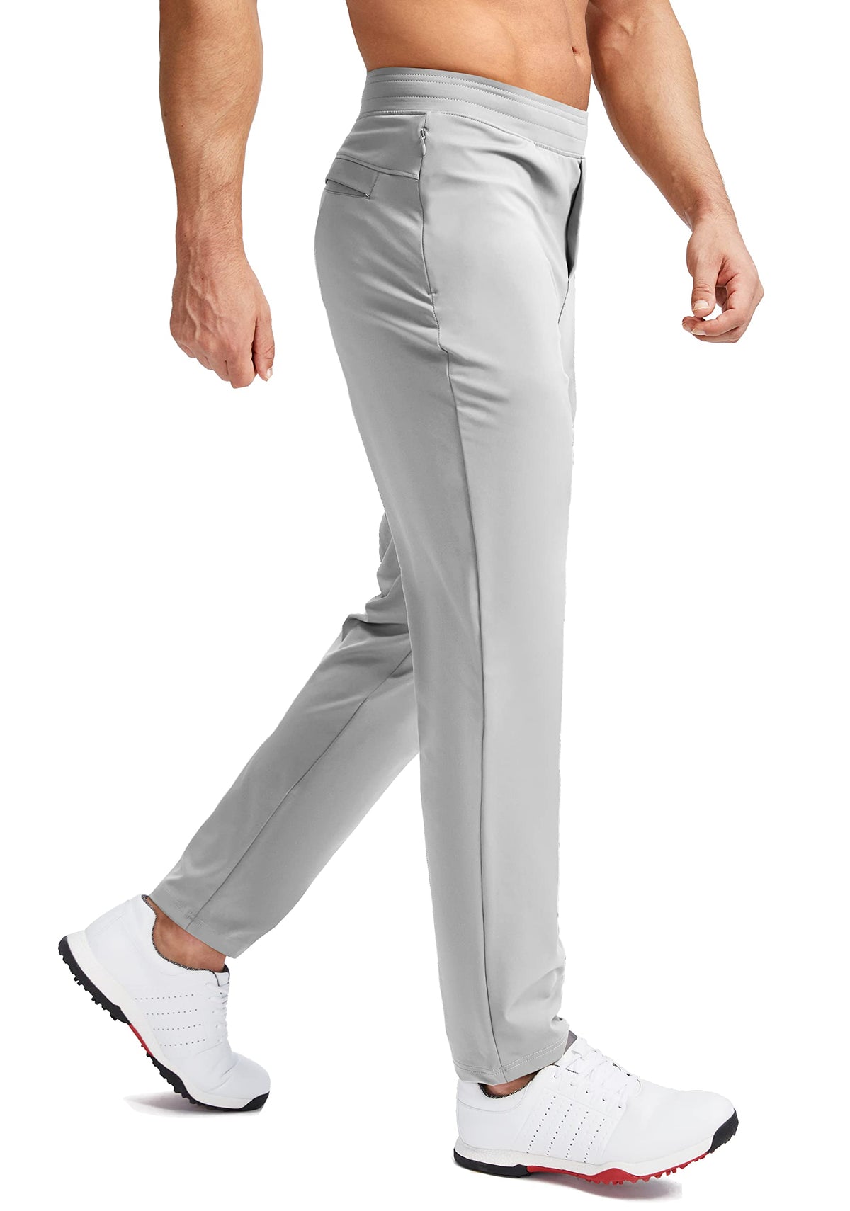Pudolla men's golf pants showing zipper pockets for secure storage.