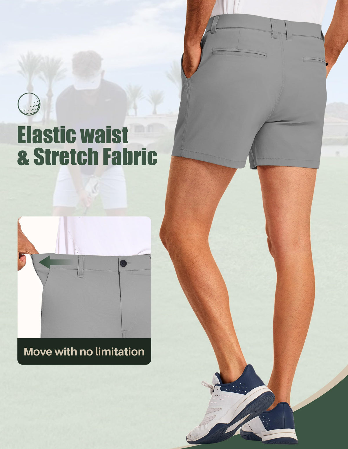 PULI asphalt grey shorts worn on model showing versatile on- and off-course style