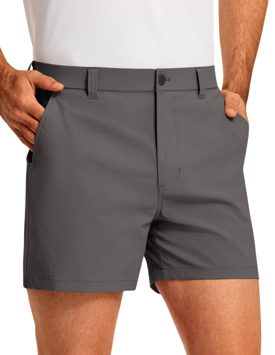 PULI casual men’s shorts front view in grey, breathable fabric for all-day comfort.